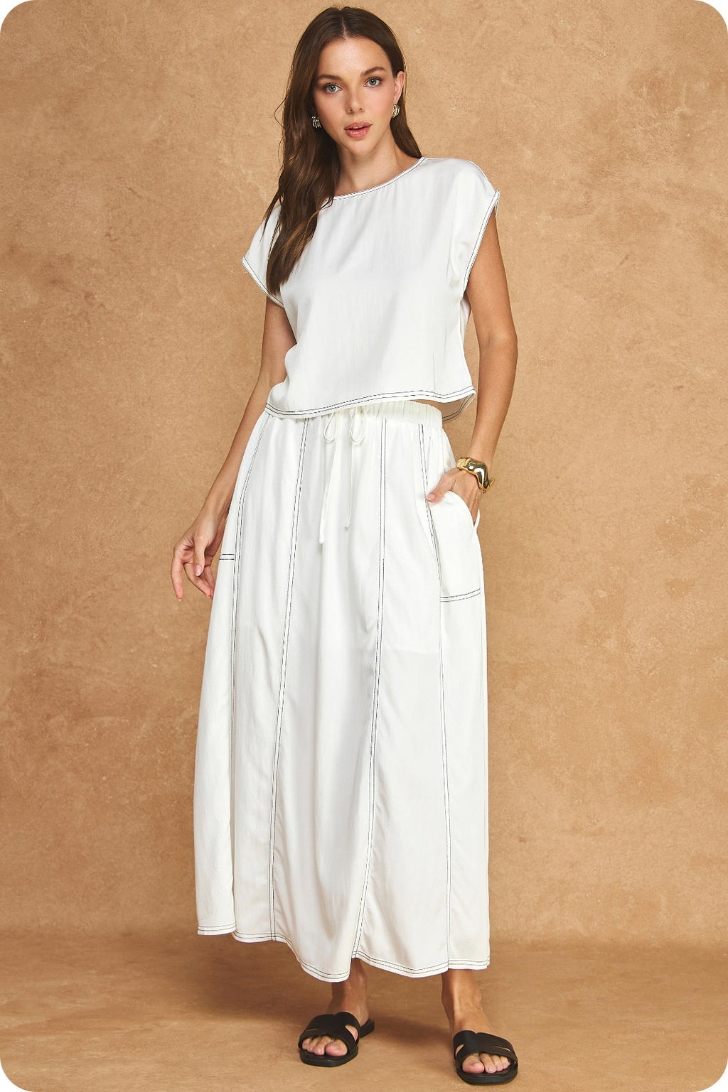 Linen stitched TOP & MIDI SKIRT SET