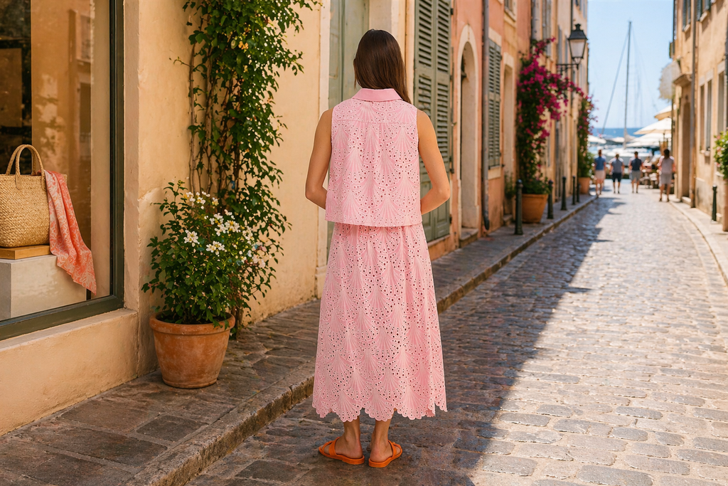 Pink eyelet skirt and shirt set