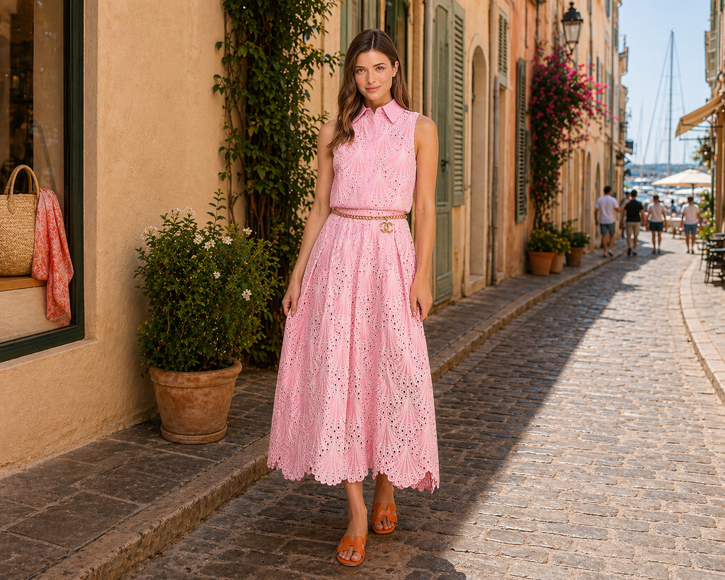 Pink eyelet skirt and shirt set