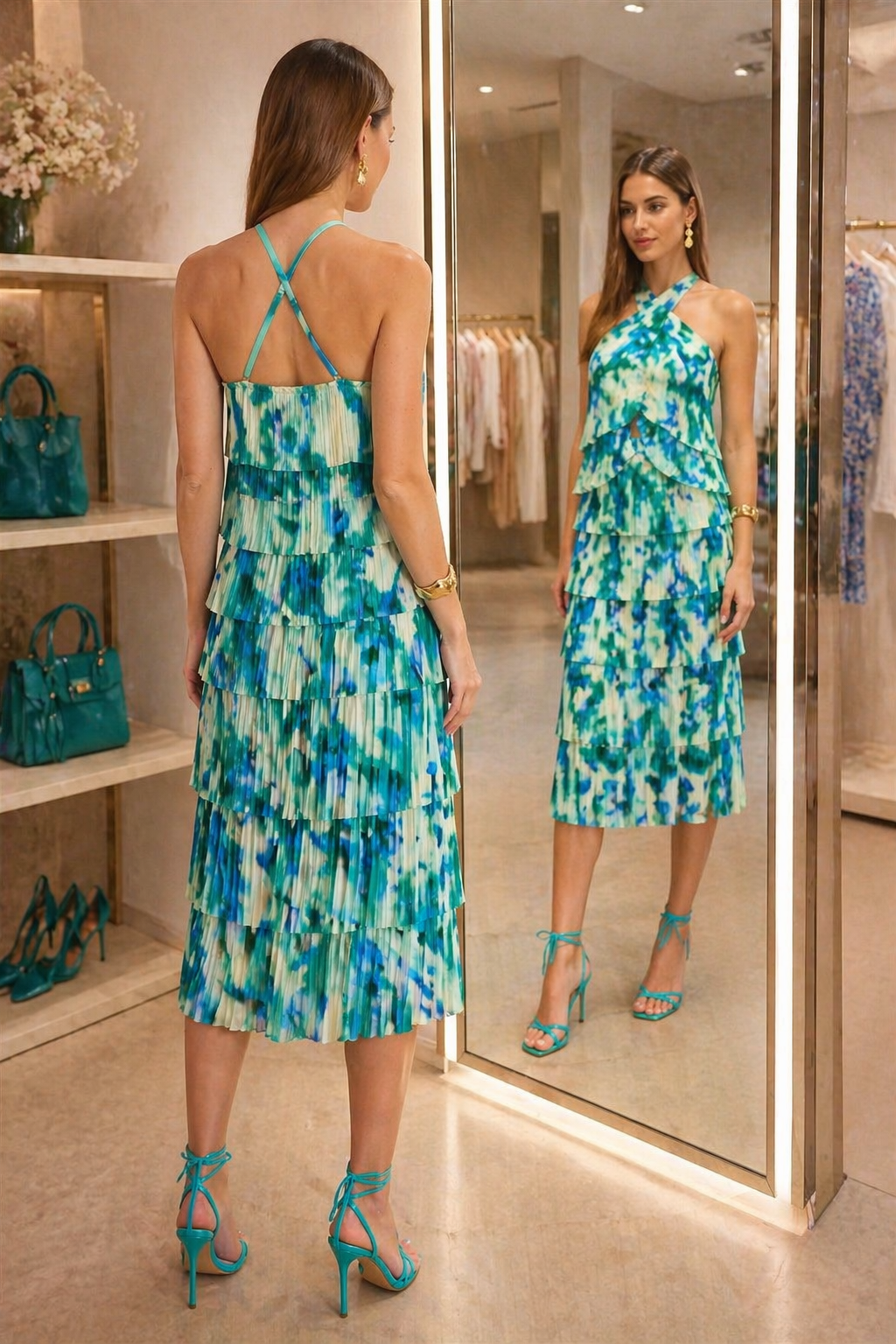 Pleated watercolor satin set