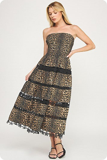 LEOPARD PRINT TRIM LONG DRESS