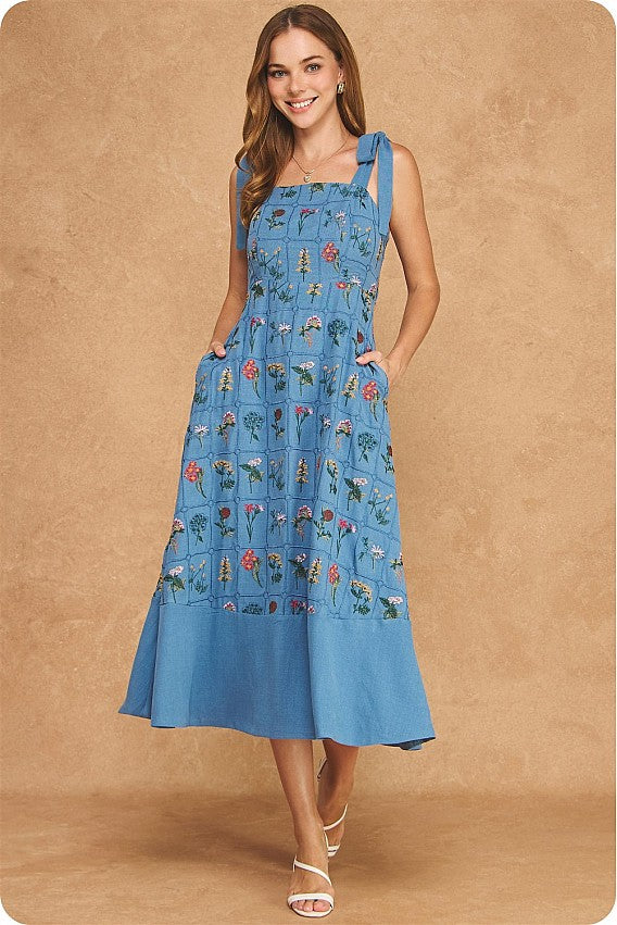 BOTANICAL EMBROIDERED TIE-SHOULDER midi dress