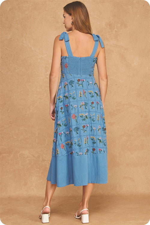BOTANICAL EMBROIDERED TIE-SHOULDER midi dress