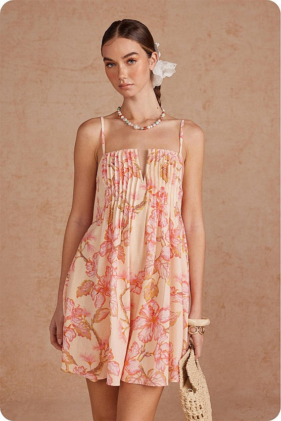 TROPICAL  floral SUNSET PINTUCK DETAIL dress