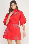 Flower embroidered red shirt dress
