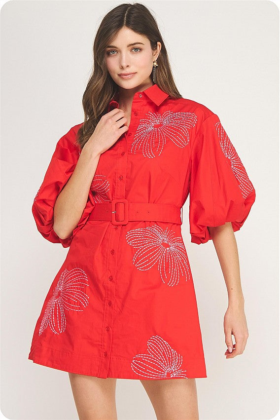 Flower embroidered red shirt dress