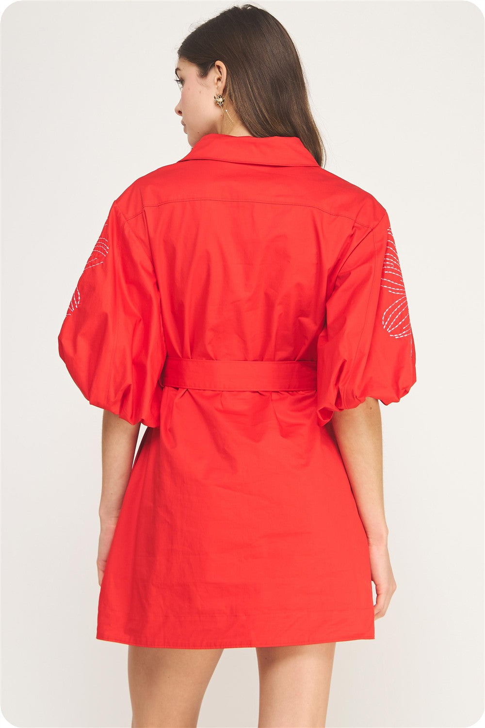 Flower embroidered red shirt dress
