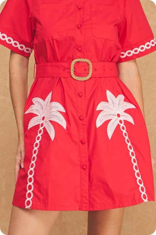 Red palm tree shirt dress