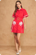 Red palm tree shirt dress