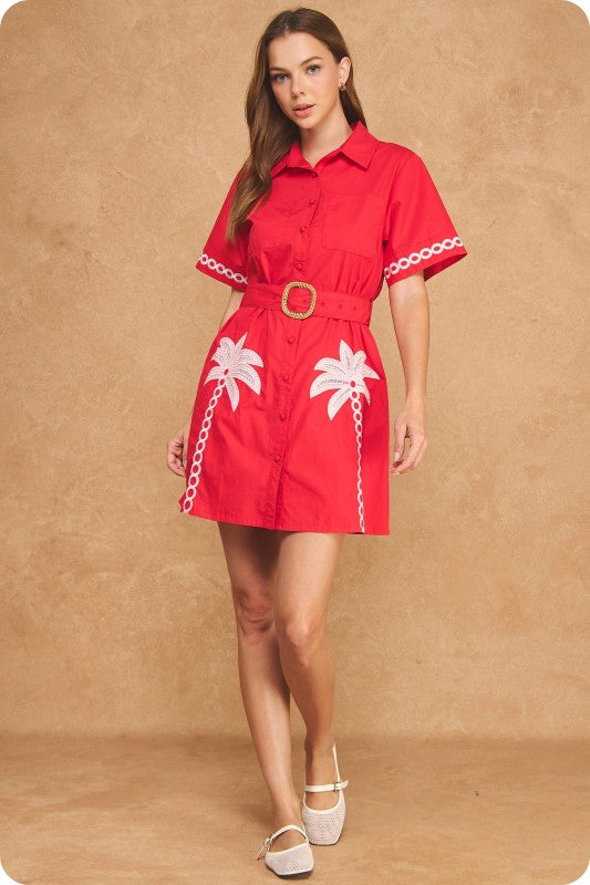 Red palm tree shirt dress
