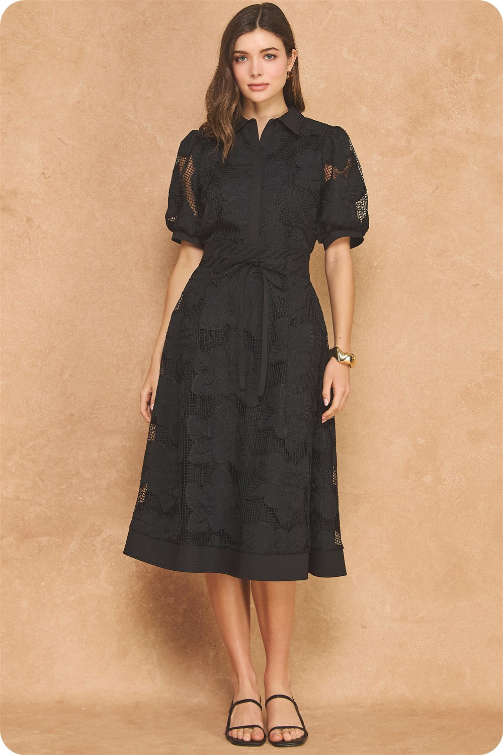 FLORAL MESH CROCHET COLLARED SHIRT DRESS